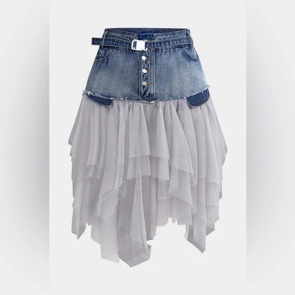 Nwt Micas Denim Mesh Patchwork High Waist denim and tulle Skirt - Picture 1 of 17